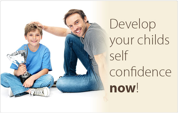 A father and son sitting down on the floor with the words "Develop your child's self-confidence now" next to them