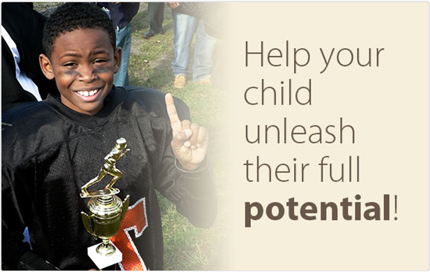 A young boy holding a trophy up with the words "Help your child unleash their full potential" next to him