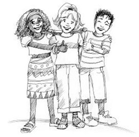 A drawing of three kids, standing together, happy