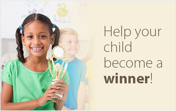 An image with a young girl holding a trophy, with the words saying "Help your child become a winner" next to her